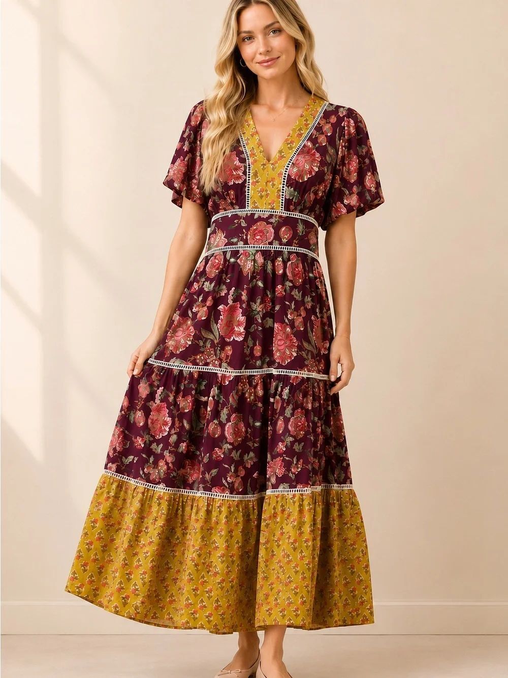 NWT THML Floral Boho Maxi Dress Plum & Mustard Cotton | XS